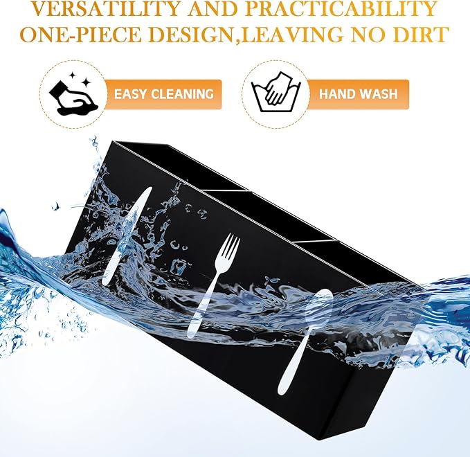 Suzile Acrylic Cutlery Storage Organizer Bin Silverware Caddy Countertop Knife Spoon and Fork Holder Kitchen 3 Section Tableware Storage Box for Cabinet Indoor Home Flatware Dining Room(Black,L)