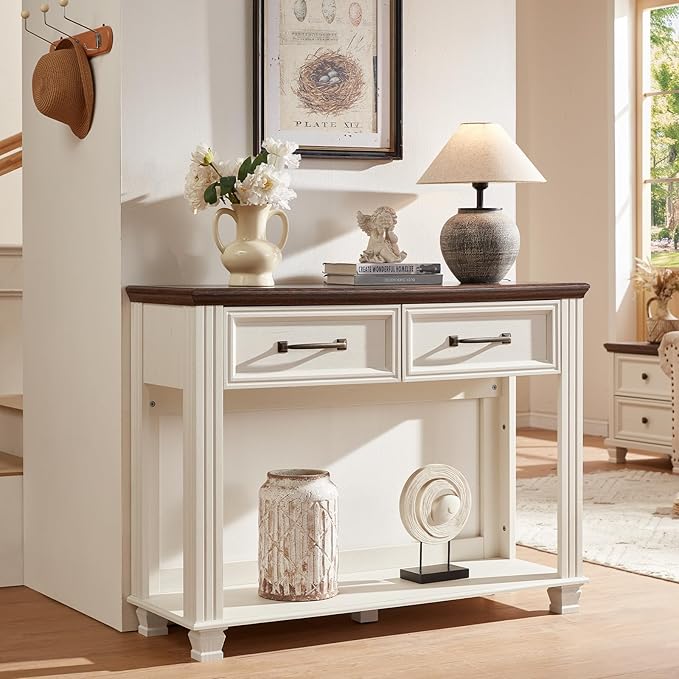 Farmhouse 46" Console Table with 2 Drawers, Rustic Wood 2 Tier Entryway Table with Open Storage Shelf for Entry, Large Mid-Century Vintage Sofa Tables Behind Couch for Living Room, White