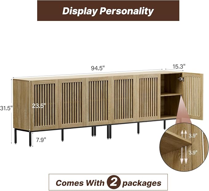 Farmhouse TV Stand for TVs up to 100 inch, 2 in 1 Entertainment Center TV Console with Storage Cabinets and Metal Base,Media Console for Living Room,Oak