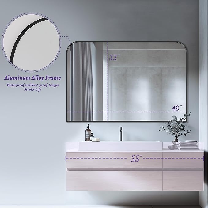 Bathroom Mirror, Wall Mirrors, Black Metal Framed Wall-Mounted Mirrors, Bathroom Vanity Mirror for Over Sink, Living Room, Bedroom, Entryway, 48x32 Inch, Black