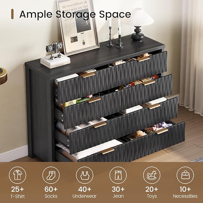 Dresser for Bedroom with 8 Drawers, 46.9" Wide Modern Chest of Drawers with Metal Handle, Wood Dresser TV Stand, Wood Storage Organizer for Bedroom, Living Room(Black)