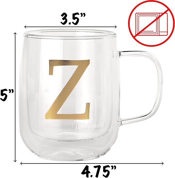 COLLECTIVE HOME - Double Walled Glass Coffee Mugs, Insulated Coffee Mug with Handle, Personalized Gifts for Women, Men, Christmas, 14 oz Monogram Cups (Z)