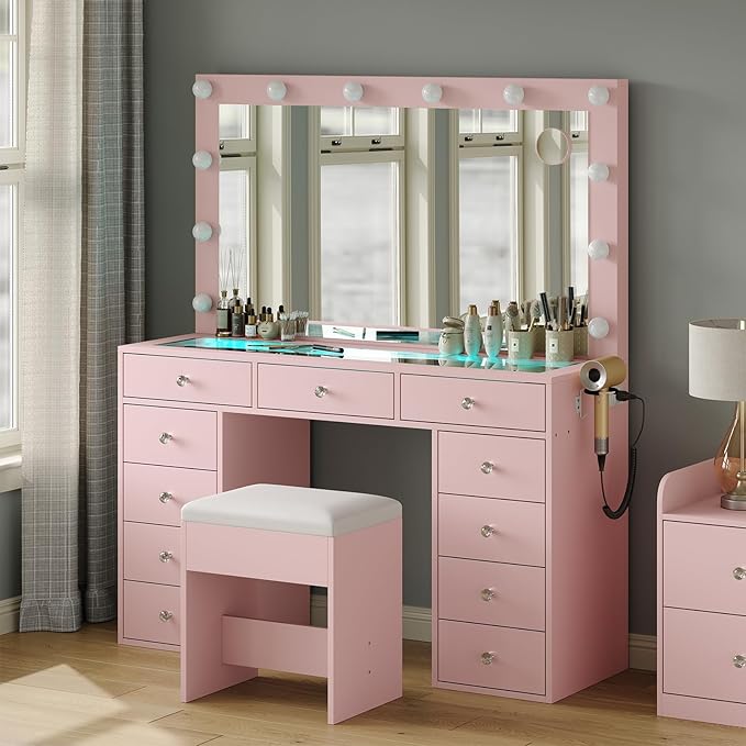 Vanity Desk with Mirror and Lights, Makeup Vanity Desk with Lights 3 Colors, LED Reinforced Glass Vanity, Makeup Vanity with 11 Storage Drawer, Dressing Table for Bedroom Dressing Room (Pink)