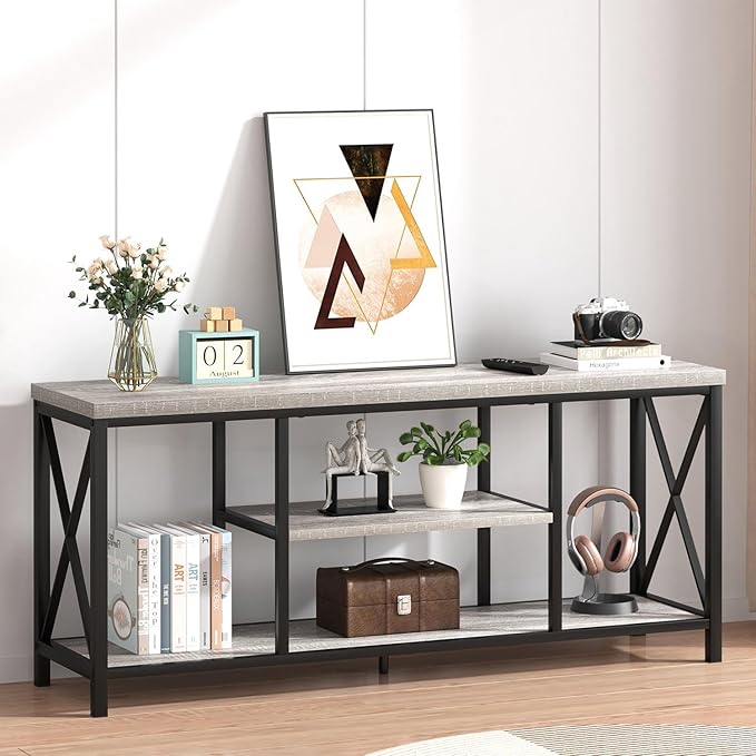 FOLUBAN Modern TV Stand for TV up to 65 Inch, Rustic Wood Entertainment Center with Storage Shelves, Industrial Media TV Console for Living Room, Farmhouse TV Table for Bedroom, 55 Inch Light Grey