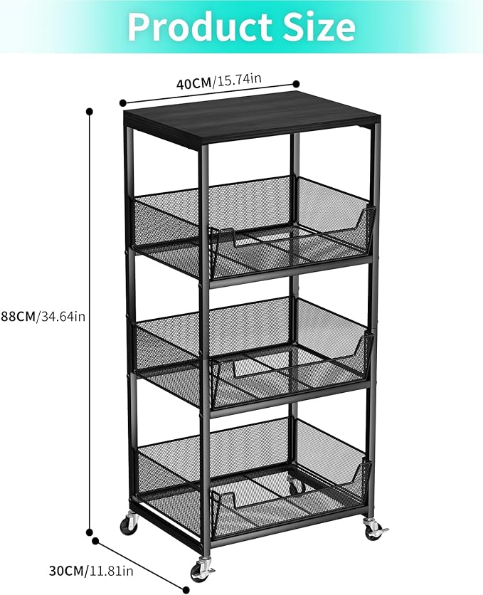 HapiRm Fruit Basket Kitchen Cart - 4-Tier Rolling Storage Cart with Wheels, Fruit Vegetable Basket with Wood Top, Pantry Utility Kitchen Organizer for Fruit Potato Onion Vegetable Bread Snack