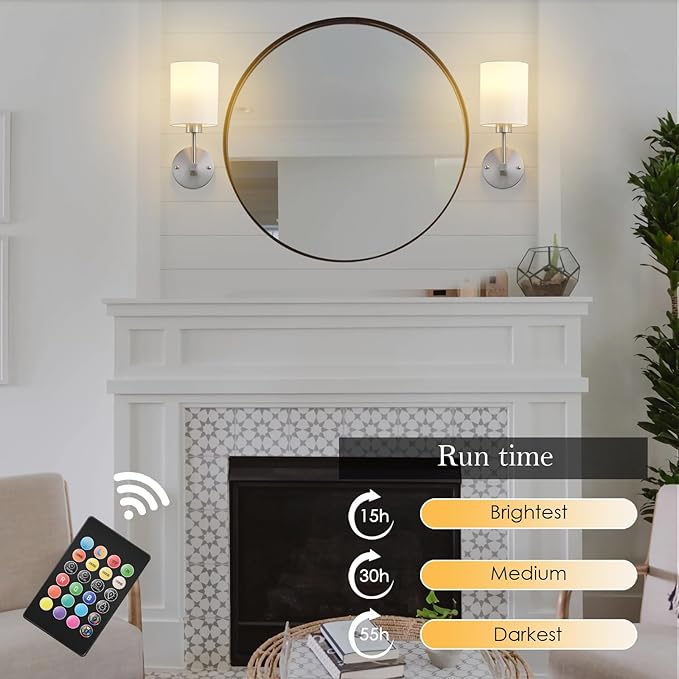 Battery Operated Wall Sconce Set of Two,Wireless Rechargeable Wall Light With Remote Control, Dimmable, 1800K/3000K/4000K/6000K/RGB, Timer, for Living Room, Bedroom, Fireplace, TV, 13.5 Inch, Nickel