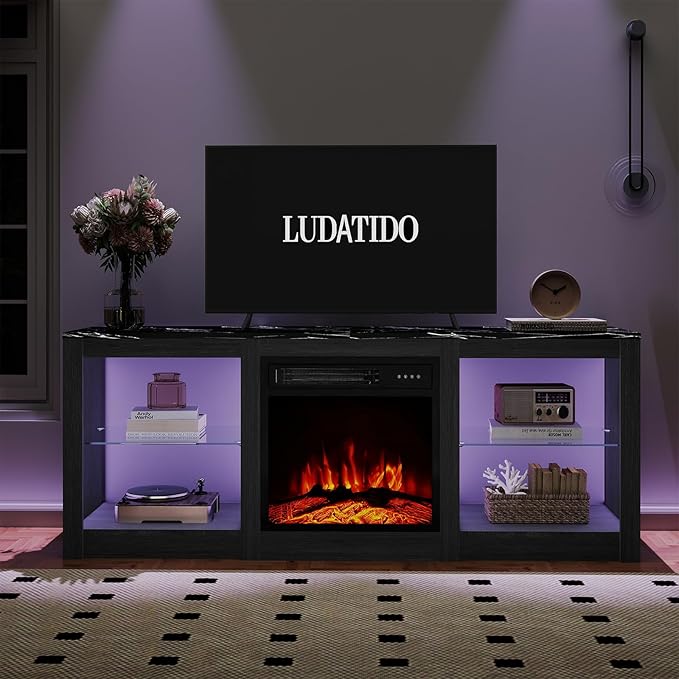 Ludatido 58 Inch TV Stand with 18 inch Fireplace Insert LED Light Entertainment Center Electric Fireplace TV Stand with USB&AC Power Interface for Living Room/Bedroom/Media Room Use(Black)