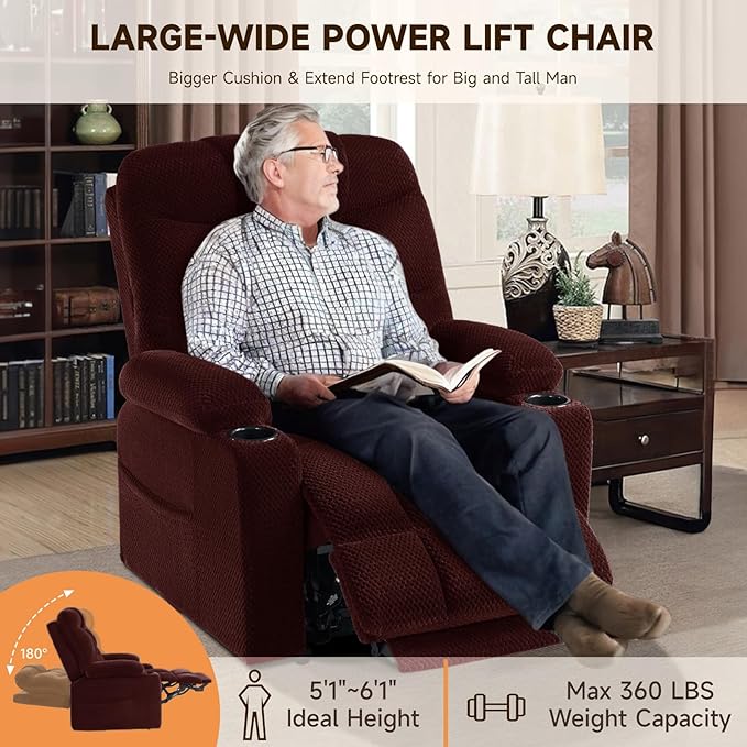 Triple Motor Large-Wide Power Lift Recliner Chair with Power Headrest for Big and Tall Elderly, Infinite Position, Massage Heat, Extend Footrest, USB, Cup Holder, Plush Flannel Red
