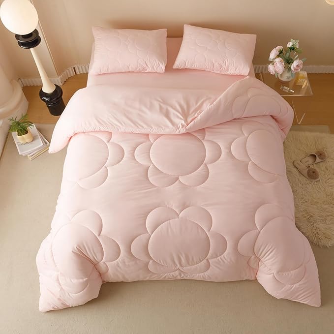 Luxlovery Pink Sunflower Comforter Set Twin Light Pink Floral Quilts Blush Pink Bedding Comforter Set Boho Farmhouse Plain Color Soft Breathable Cozy Comforter