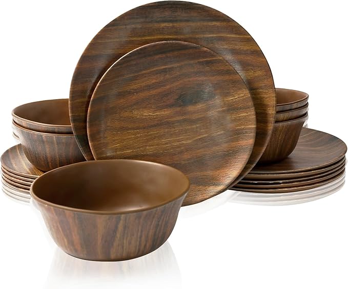 TP 18-Piece Dinnerware Set, Melamine Dishes Set with Bowls and Plates, Service for 6, Non-breakable Lightweight Dining Tableware, Rosewood Grain