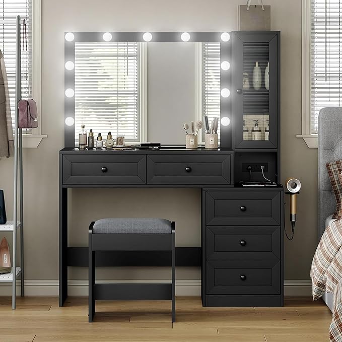 43" W Vanity Desk with Mirror & 11 Lights, 5 Drawer Modern Makeup Desk with Glass top & Cushioned Stool, 3 Lighting Modes Brightness Adjustable,Power Outlet,Bedroom，Black