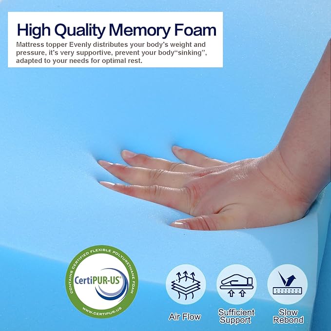 Queen Mattress Topper, Queen Memory Foam Mattress Topper 3 Inch High Density Mattress Pad Comfort Cooling, Bed Topper with Removable Cover, 4 Elastic Straps White, CertiPUR-US Certified