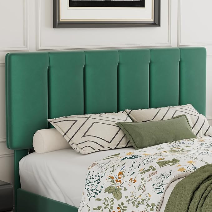 VECELO Full Bed Frame with Upholstered Headboard, Heavy-Duty Platform Bedframe with Strong Wooden Slats Support, No Boxing Spring Needed, Dark Green