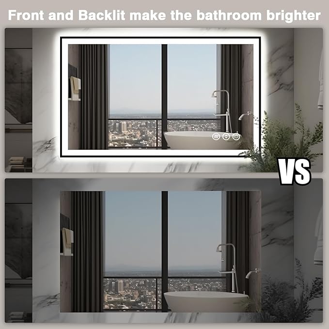 48x30 LED Bathroom Mirror - Black Aluminum Framed (Front and Backlit), Anti-Fog Lighted Vanity Mirror,Stepless Dimmable Lighted Mirror,3 Colors Smart Mirror(Horizontal/Vertical)