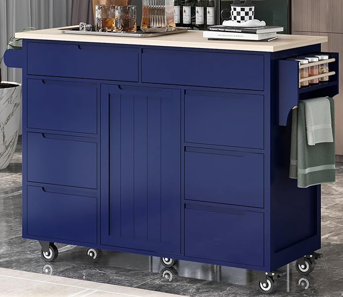 53 Inch Width/18.5 Inch Depth Kitchen Cart with Rubberwood Countertop on 5 Wheels, Rolling Kithcen Island with Storage Cabinet & 8 Handle-Free Drawers & Adjustable Shelf for Kitchen, Dark Blue