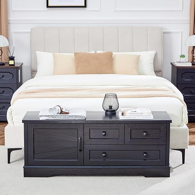 LIDYUK 3 Drawer Black Dresser for Bedroom Farmhouse Dresser Chest of Drawers, 48" End of Bed Storage Bench Wide Chest of Drawers for Bedroom, Living Room