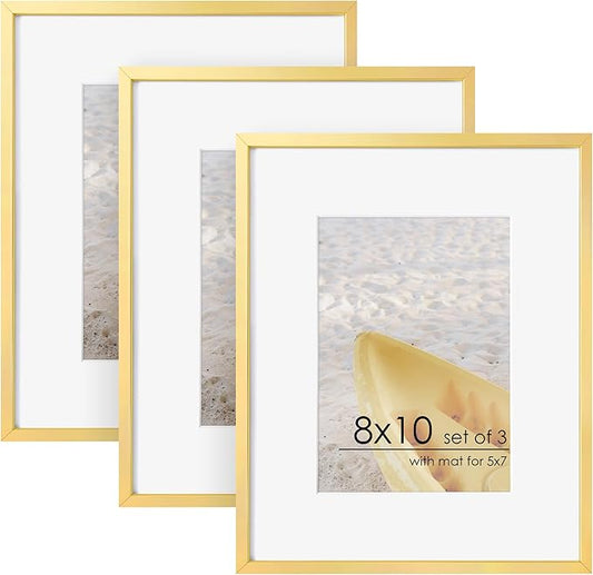 8x10 Picture Frame - 8 by 10 Metal Picture Frame With Mat | 8 x 10 Aluminum Photo Frame | Plexiglass And Hanging Hardware Included | 8x10 Gold Frame | Set of 3, Gold