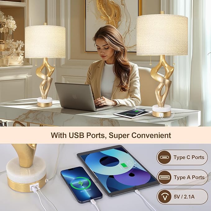 Scenekoy Sculptural Table Lamp Set of 2 with USB Ports for Bedroom Living Room, 26” Gold Leaf Marble Base Bedside Lamps, Pull Chains Switch Modern Nightstand Lamp for Home Room Decor (Bulbs Included)