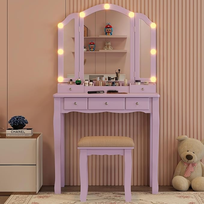 Purple Vanity Desk with Mirror and Lights Purple Vanity for Girls Makeup Vanity Desk with Lights Vanity Table with Lighted Mirror Make Up Vanity Desk with Drawers and Chair Set