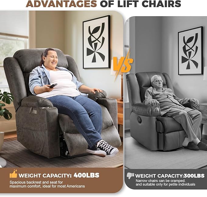 HUSFU Oversized Power Lift Recliner Chairs for Elderly with Massage and Heat, Extra Wide Recliners,Breathable Leather Lift Chairs w/Cup Holders, USB & Type-C Ports, Matte Grey,2PCS