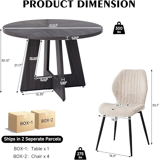 47" Round Dining Room Table Set for 4, [Fanned Base] [1.38" Thick Top] Wood Kitchen Table with 4 Boucle Dining Chairs