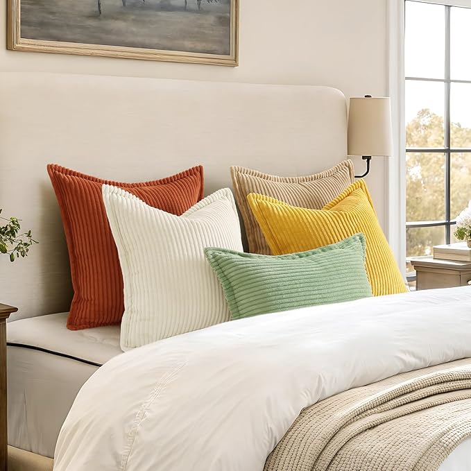 decorUhome Corduroy Sage Green Throw Pillow Covers 12x20 Set of 2 Decorative Soft Boho Striped Lumbar Neutral Euro Farmhouse Couch Pillow Covers with Broadside for Living Room Bed Sofa