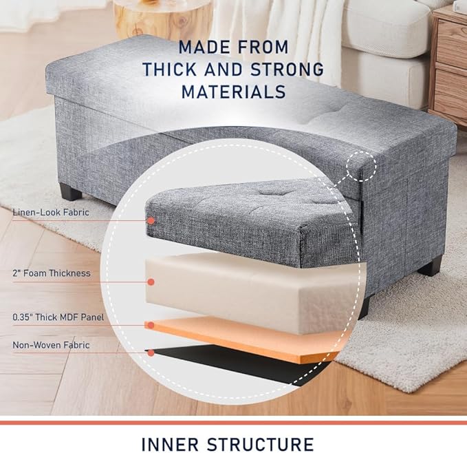Ornavo Home 43 Inch Storage Ottoman, Large Storage Bench, Ottoman with Storage with Legs, Foot Rest Stool, Bedroom Bench - Gray