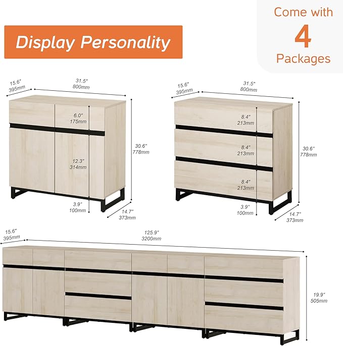 WAMPAT Modern TV Stand for TVs up to 120 Inches, 4-in-1 Media Console with Adjustable Shelves and 6 Drawers, TV Cabinet for Living Room or Bedroom, Light Oak