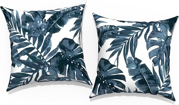 Outdoor Pillow Covers for Patio Furniture 20x20 Inch, Decorative Patio Throw Pillow Covers Set of 2, Modern Square Cushion Cases for Porch Garden Home Office, Palm Blue