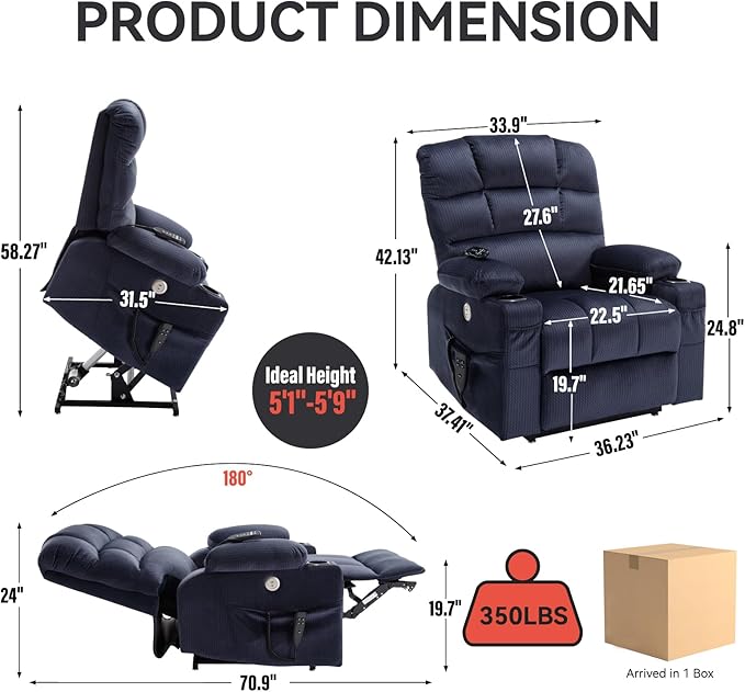 Power Lift Chair with Vibration Massage Heat for Elderly People, Dual Motor Electric Lay Flat Recliner Chair with Dual Cup Holders, Standing Assistance Reclining, Chenille Fabric Blue