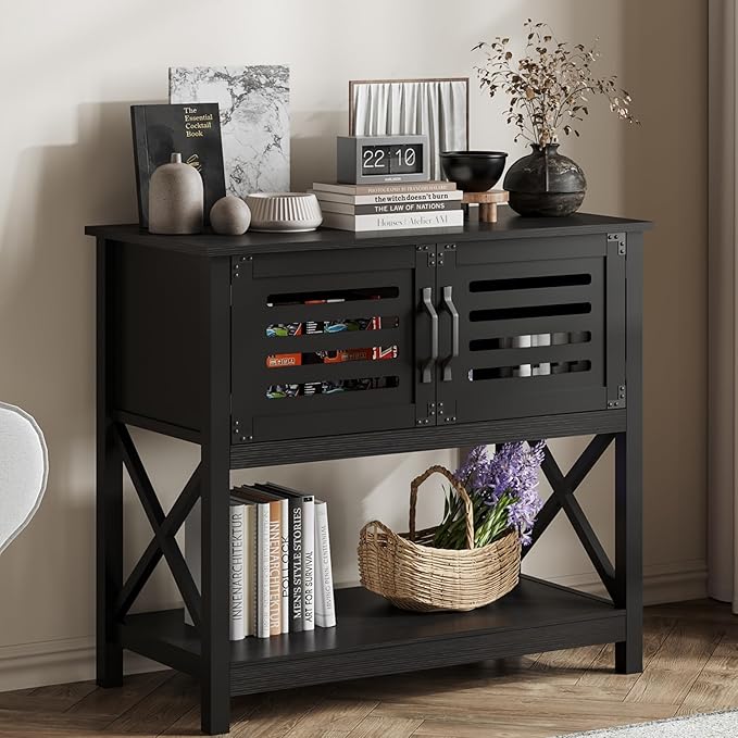 ChooChoo Black Console Table with Charging Station, 35.4 L x 17.7 D x 31.49 H Coffee Bar Cabinet with Storage, Sideboard Buffet Cabinet with Doors for Kitchen, Living Room