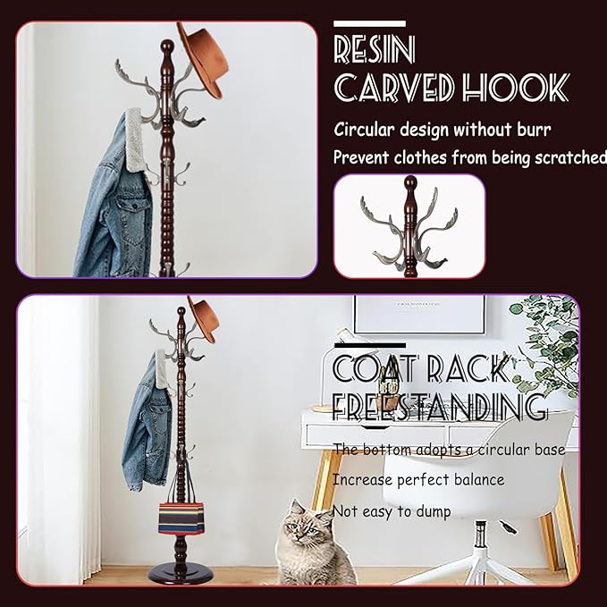 73 in Wood Coat Rack, Coat Rack Freestanding with Stable Round Base, Adjustable Height Tree Coat Racks Stand for Home Bedroom Office Hallway Entryway (Fenghuang Gou Rosewood)