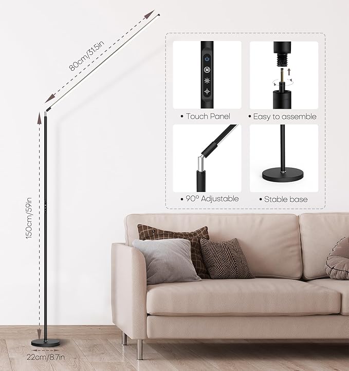 LED Floor Lamp, Bright Eye-Care Standing Lamp, Home Decor with Touch Control Dimmable Reading Light for Living Room, Bedroom, Office - Black