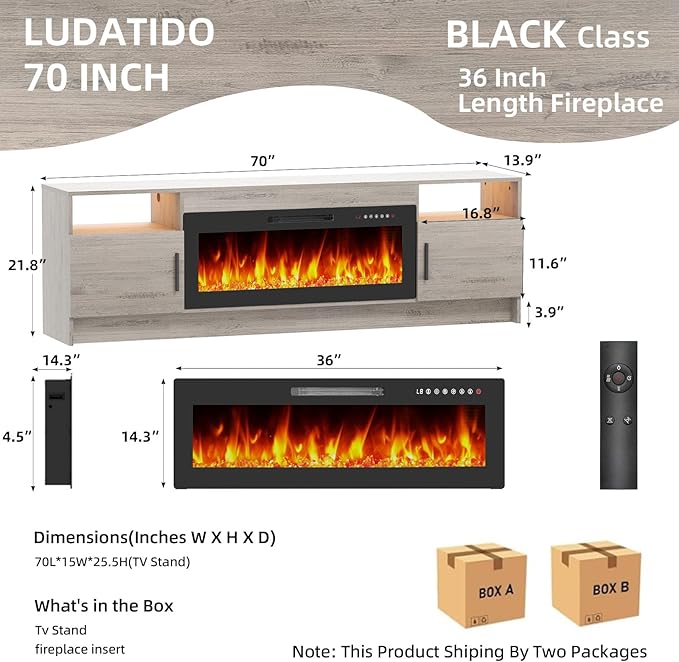 Ludatido 70 Inch TV Stand with 36 inch Electric Fireplace 27 LED Light Entertainment Center for TVs Up to 80" Black Modern Wood Media TV Console with Highlight Cabinet for Living Room Gray