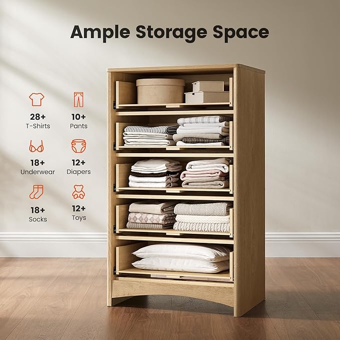 Amada Tall 5 Drawer Dresser, Modern Fluted Vertical Chest with Rounded Corners, Pre-Installed Drawer Slides & Narrow Storage Design for Bedroom or Hallway in Natural Oak