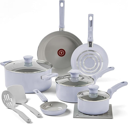 T-Fal Refresh Ceramic Nonstick Cookware Set, 12-Piece Nonstick Cookware, Oven Safe to 350°F, Stockpot, Griddle, Frying Pans, Utensils, Ceramic Pots and Pans Set, Blue