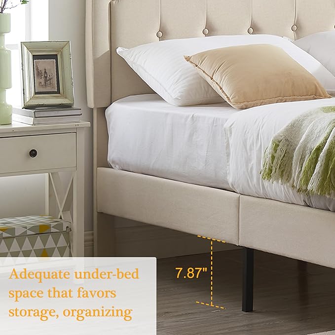 VECELO Full Size Platform Bed Frame with Fabric Upholstered Headboard and Wooden Slats Support, No Box Spring Needed/Easy Assembly,Beige