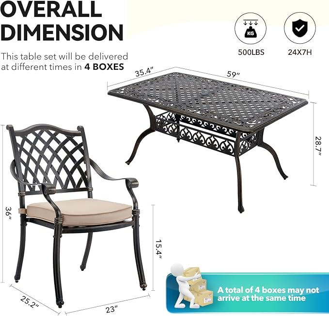 7 Piece Cast Aluminum Outdoor Dining Set Retro Patio Dining Set for 6 Includes 59’’ Rectangular Table and 6 Chairs with Removable Cushion and Umbrella Hole for Patio Deck Garden Porch