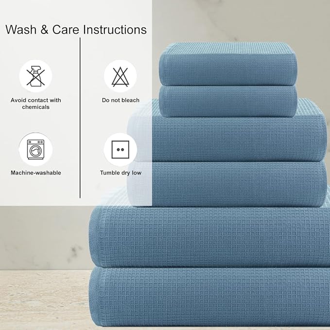 CASA COPENHAGEN Waffle Terry Towel 6Pcs Set, Cotton Extra Large Luxurious- Dusty Blue, 2Bath Sheets XL- 35 x 70 Inch, 2Large Hand Towels- 20 x 31Inch, 2Large Washcloths- 16 x 16 Inch