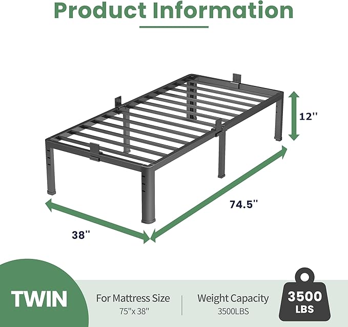 NKZ 12 Inch Twin Bed Frame, Sturdy Metal Platform with Round Corner Legs, 3,500 lbs Heavy Duty Steel Slat Support, Easy Assembly, Noise Free, No Box Spring Needed