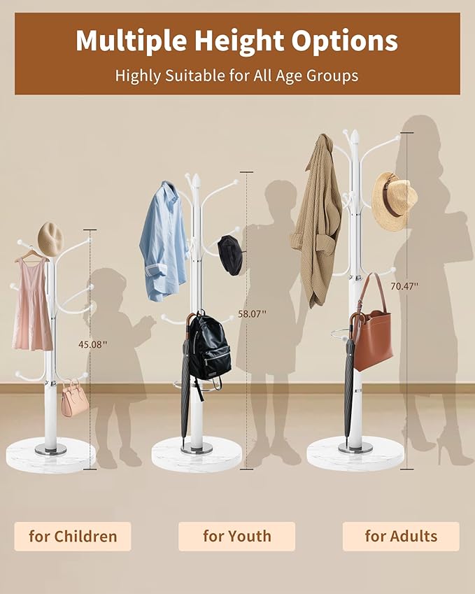 Metal Coat Rack with Natural Marble Base, Coat Rack Stand with 12 Hooks & Umbrella Holder, White Modern Freestanging Coat Racks, Coat Jacket Hanger Tree Stand for Corner Entryway Office