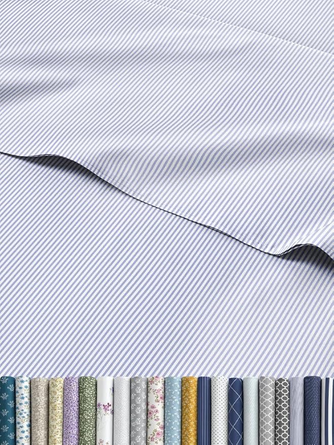 Light Blue and White Striped Sheets - 1 Flat & 1 Fitted Sheet & 2 Pillowcases w/ Deep Pockets - Wrinkle & Fade Resistant - Ultra-Soft, Breathable & Cooling - Luxury Pinstripe Bedding - Full Size