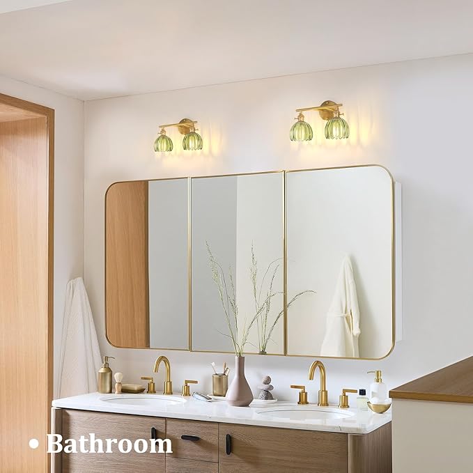 Bathroom Light Fixtures, 2-Light Brass Vanity Wall Light Over Mirror with Green Tulip Glass Shade for Bedroom Living Room