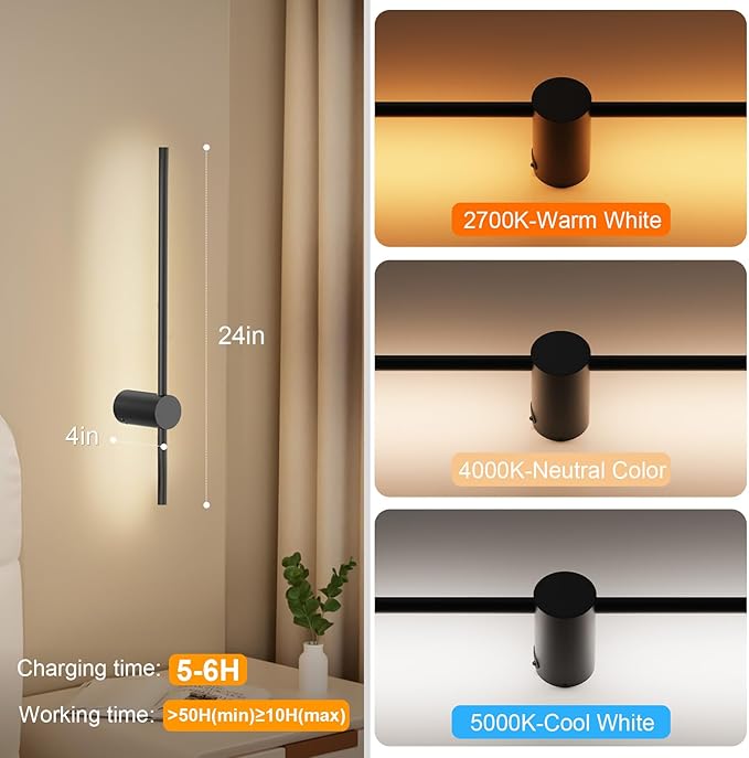 NIORSUN 24 Inch Battery Operated Wall Sconce Set of 2,Black Minimalist Rechargeable LED Wall Lights with Remote, 10 Colors Dimmable Wireless Wall Lamp for Living Room Bedroom Hallway