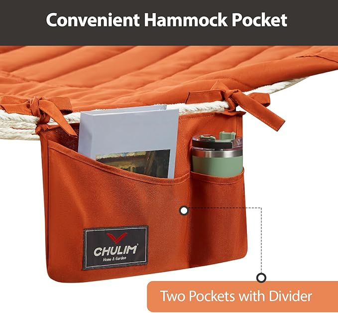 Outdoor Double Hammock with Hardwood Spreader Bars, Large Rope Hammock with Polyester Pad and Pillow, 475 LBS Capacity for 2 Person Patio Backyard Poolside - Terracotta