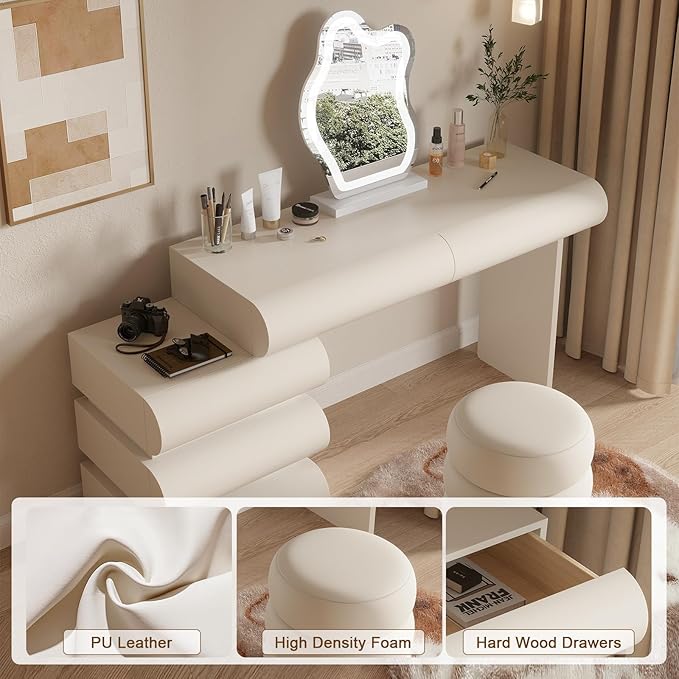 Makeup Vanity Desk with Lighted Mirror and Stool, Faux Leather Upholstered Finish, Modern Dressing Table with 5 Drawers for Bedroom and Makeup Room, Easy Assembly, White