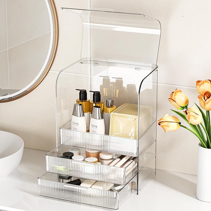GearFusion 3 Tier Clear Cosmetic Organizer, Makeup Display Case with Lid & Drawers, Countertop Dresser Vanity Storage Box, Beauty Holder for Skincare Lipstick Brush