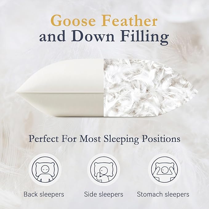puredown® Goose Feather Down Pillows, 100% Organic Cotton Cover, Luxury Hotel Collection Bed Pillows for Sleeping Set of 2, Queen Size