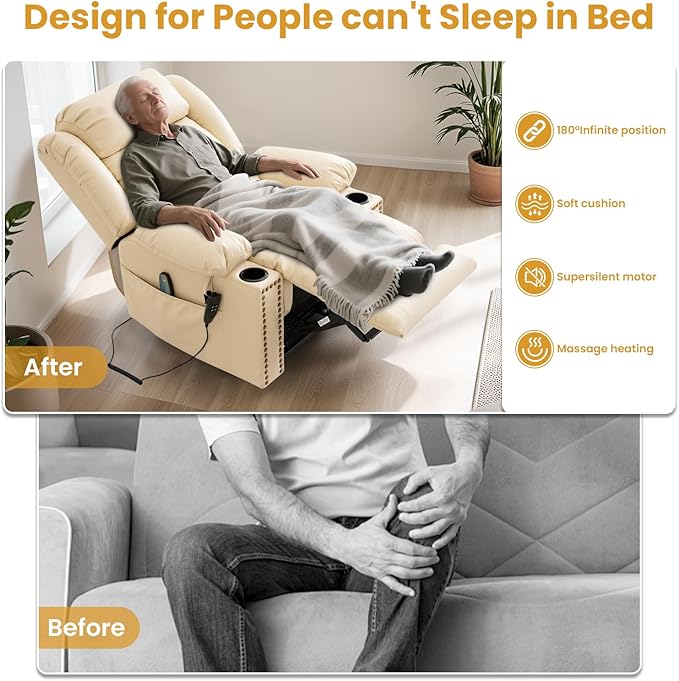PARKOL Large Genuine Infinite Position Leather Power Lay Flat Lift Studded Recliner Chairs for Elderly, Dual Motor with Massage and Heating,Extended Footrest, USB&Type-C Port Remote,Cup Holder, Beige
