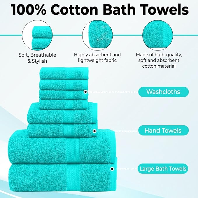 Pack of 8 Towels Set, 2 Large Bath Towels, 2 Hand Towels, 4 Wash Cloths, 100% Cotton, Lighter Weight, Quicker to Dry, Super Absorbent, Perfect for Bathroom (Aqua)